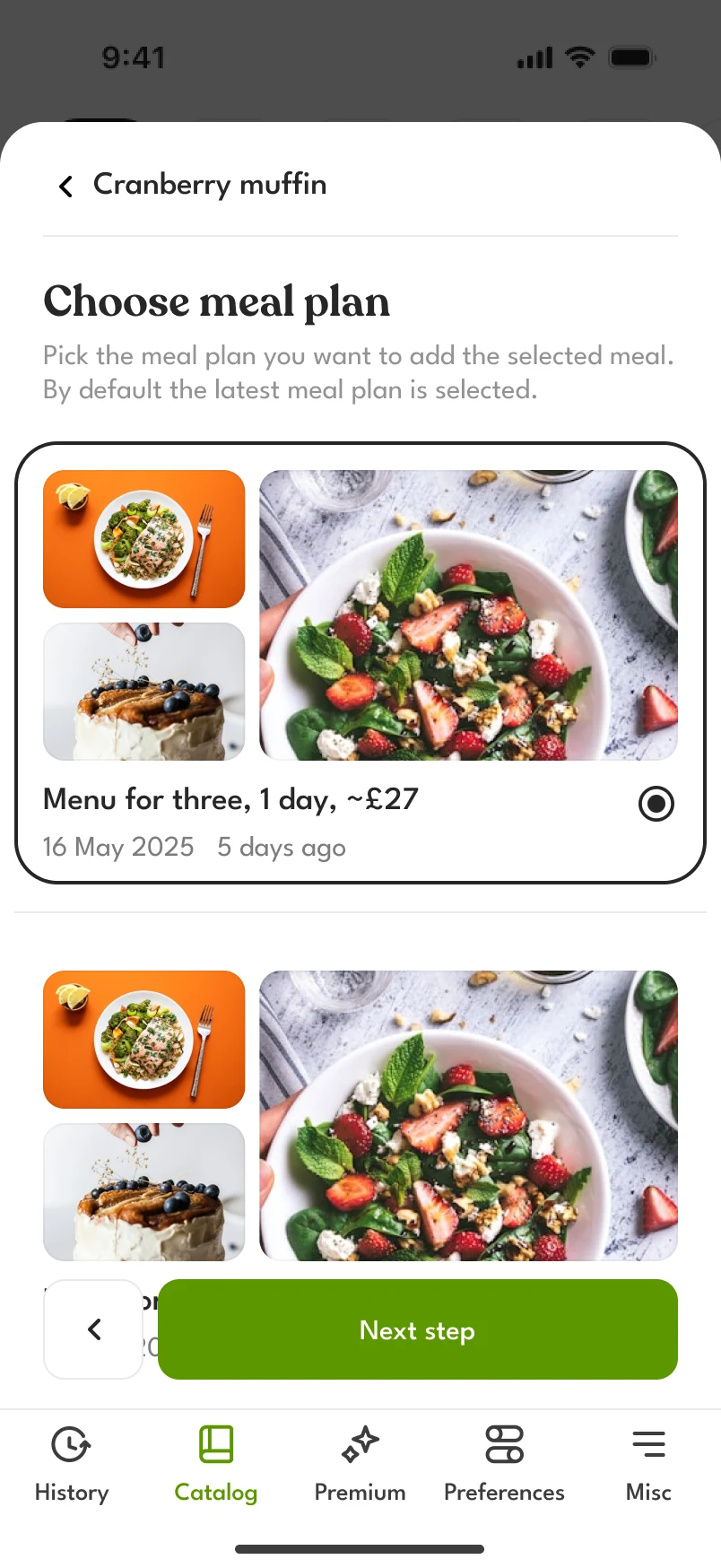 Choose meal plan: two plans as cards, the latest one selected