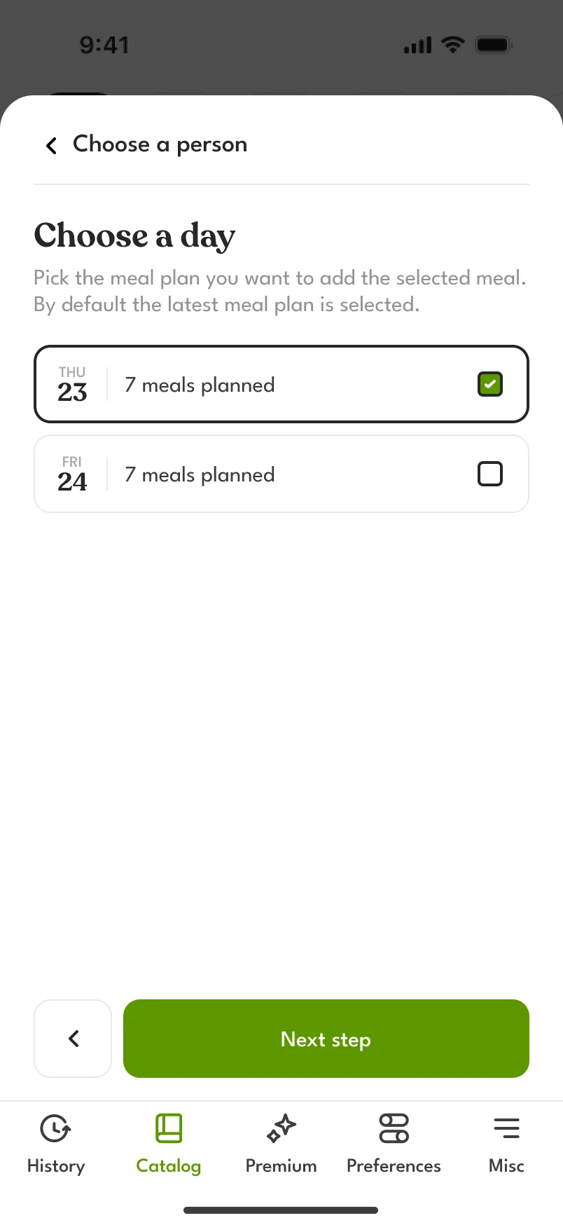 Choose a day: Thursday 23 or Friday 24, each with seven meals planned