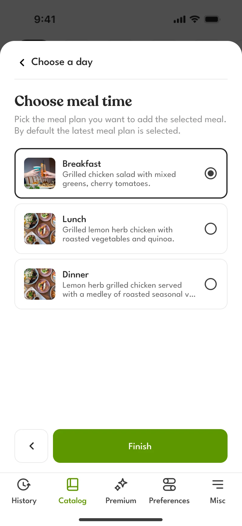 Choose meal time: Breakfast, Lunch or Dinner, each showing what is planned
