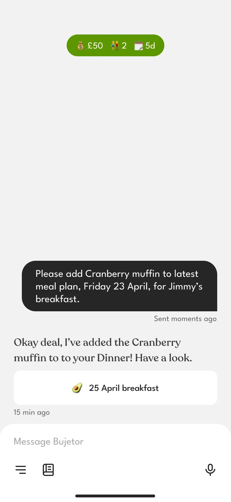 The chat: “Please add Cranberry muffin to latest meal plan, Friday 23 April, for Jimmy’s breakfast”, the assistant’s confirmation and a link to the meal