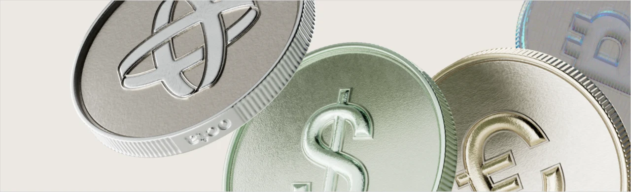 3D coins: the Octa mark, dollar, euro and bitcoin, in brushed metal and glass