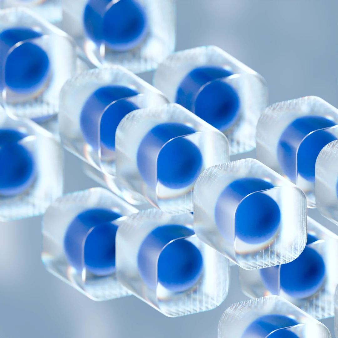 Frosted glass capsules around blue cores