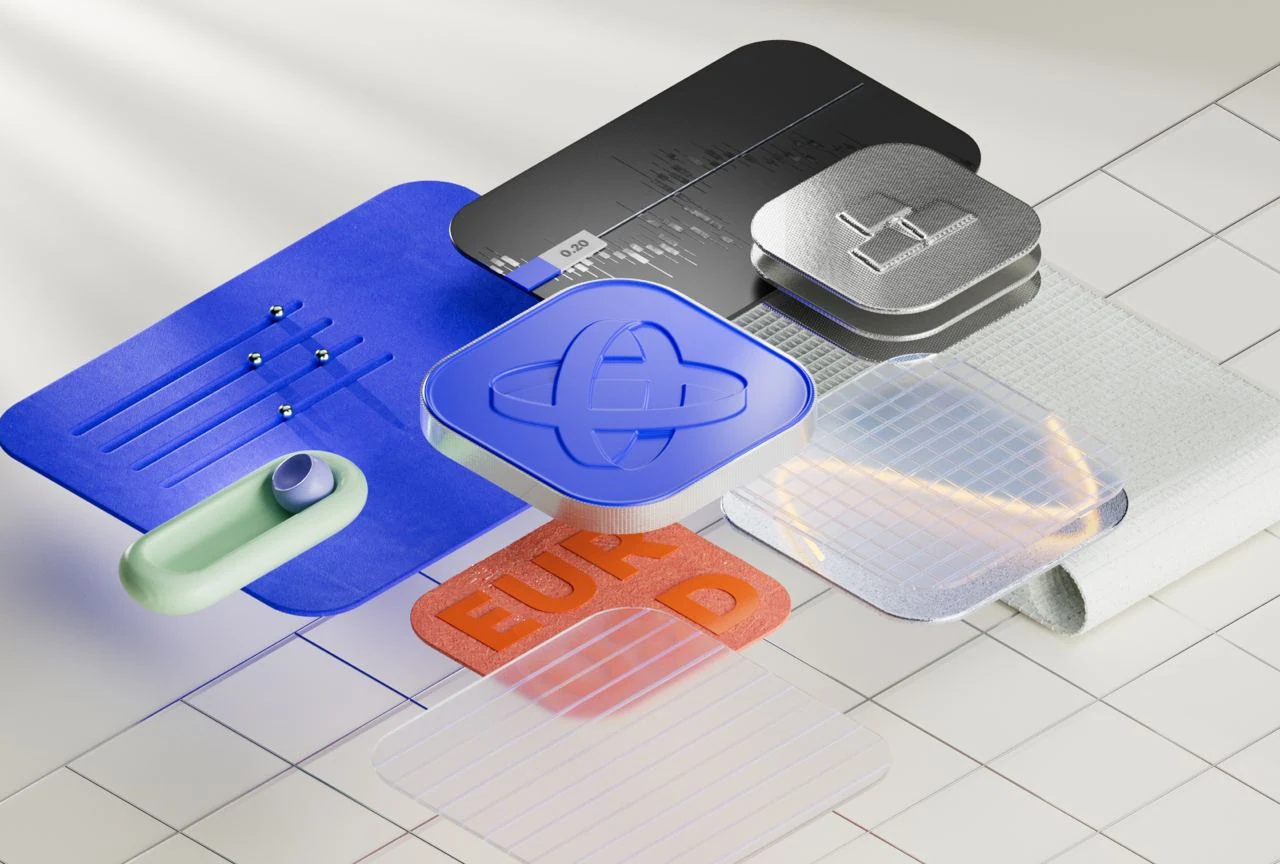 An isometric scene on light: the Octa mark on a blue plate, a toggle, glass panels and a EUR tile