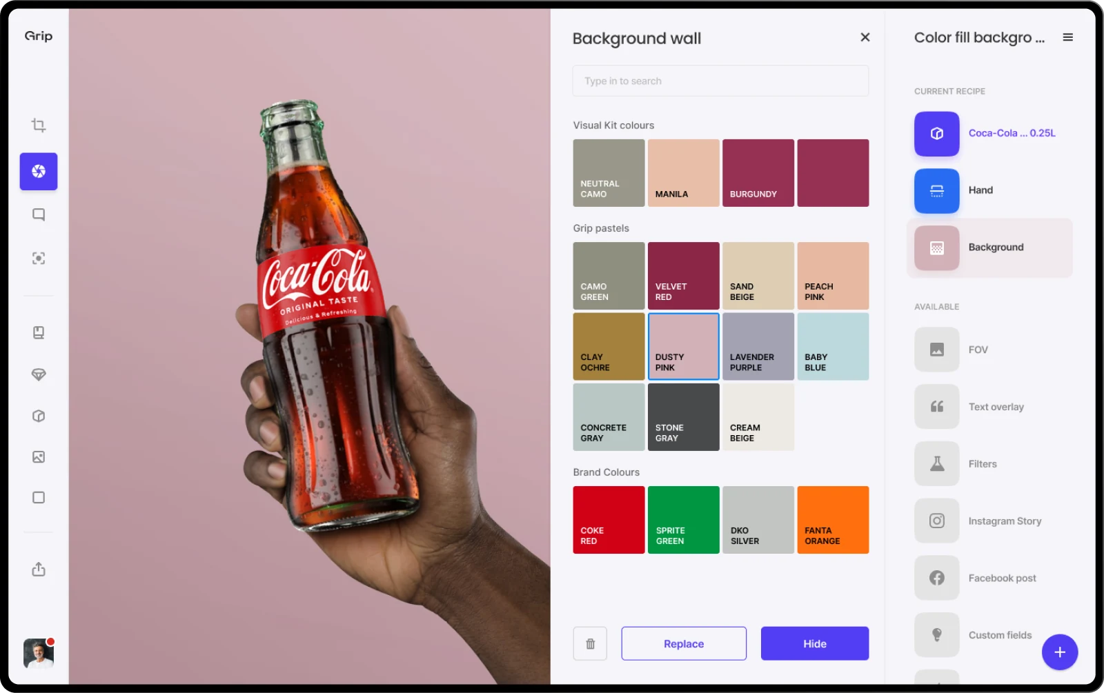 A background-wall picker with the visual kit colours, pastels and brand colours
