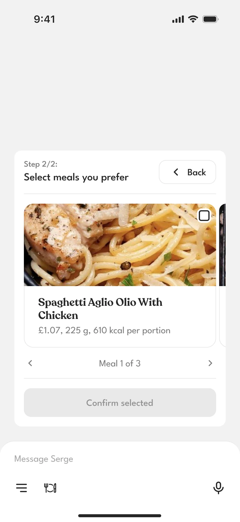 In the chat: “Step 2/2: Select meals you prefer”, a dish card, Spaghetti Aglio Olio With Chicken, meal 1 of 3, and a Confirm selected button