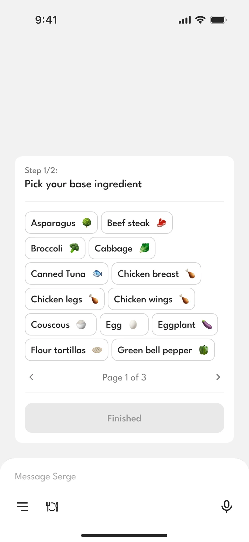 In the chat: “Step 1/2: Pick your base ingredient”, a card of ingredient chips from Asparagus to Green bell pepper, page 1 of 3, and a Finished button
