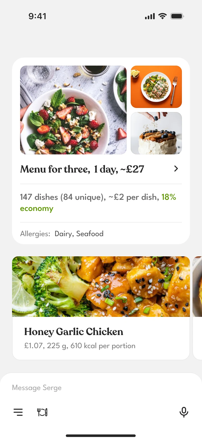 A plan card in the chat, “Menu for three, 1 day, ~£27”, with photos of its dishes, their number, the price per dish, the saving and the allergies; below it a dish card, Honey Garlic Chicken