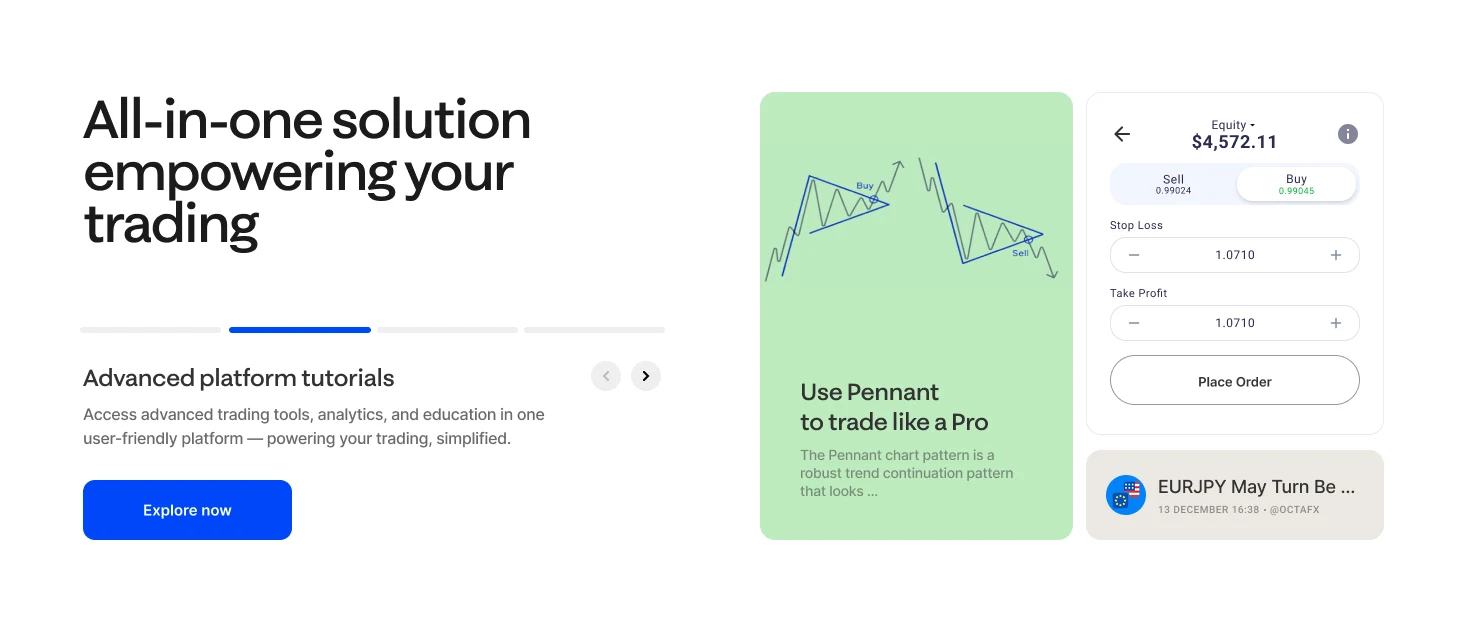 “All-in-one solution empowering your trading” on the Advanced platform tutorials slide, beside a green lesson card on the Pennant pattern and an order ticket with stop loss and take profit