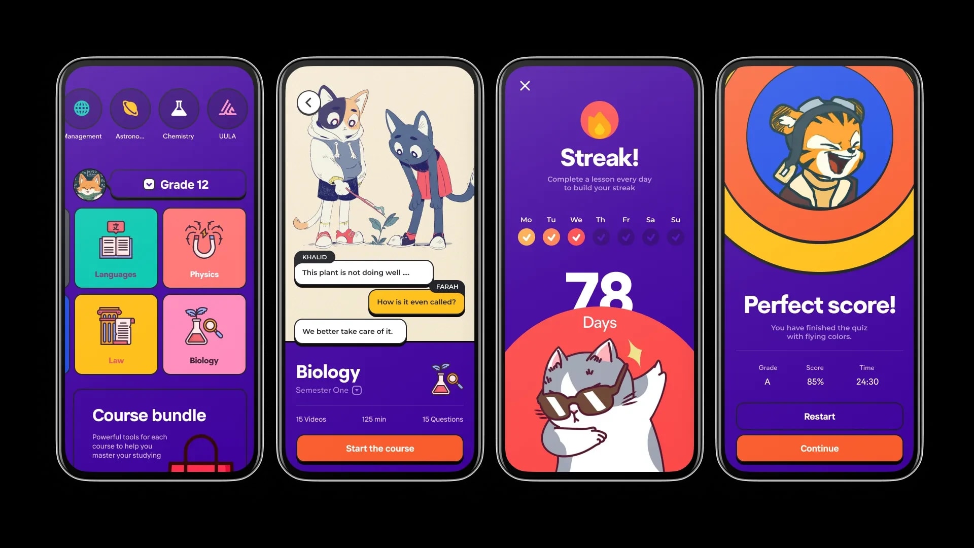 Cartoon concept screens: subject tiles with a cat avatar, a biology lesson with two cats talking, a 78-day streak, and a perfect-score screen with a tiger