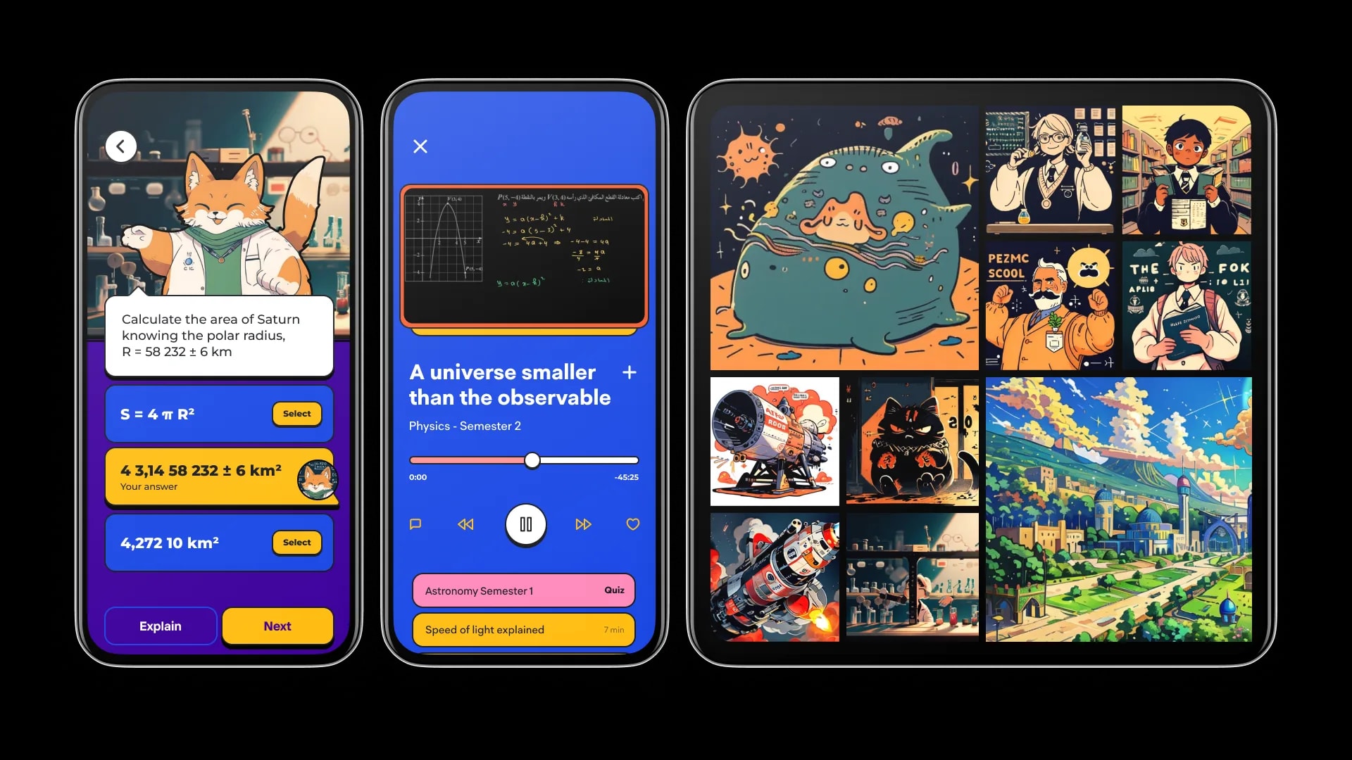 Cartoon concept: a fox teacher posing a quiz question, an astronomy video lesson, and a board of illustrated characters and scenes
