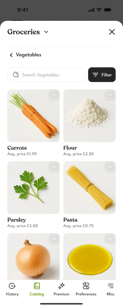 The catalog on Groceries, in Vegetables: search, a Filter button and a grid of products with their average price, from Carrots and Flour to Parsley and Pasta