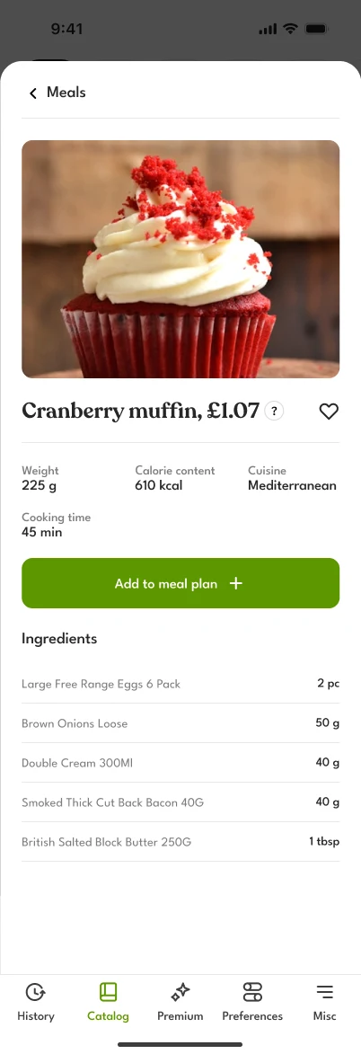 A dish opened from the catalog, Cranberry muffin, £1.07: its weight, calories, cuisine and cooking time, an Add to meal plan button, and its ingredients with their amounts