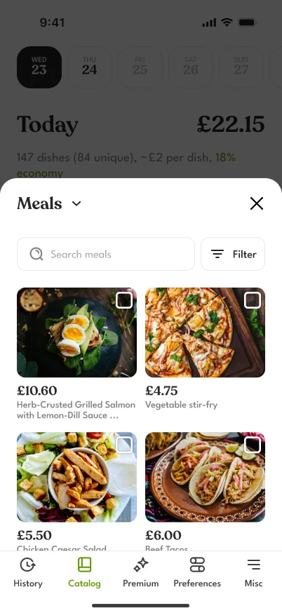 The catalog’s Meals sheet, open over the day: search, a Filter button and a grid of dishes with prices, over the tab bar