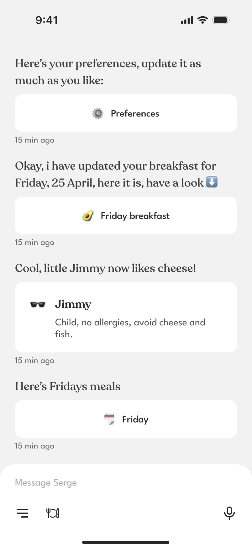 Four assistant messages, each ending in a link: Preferences, Friday breakfast, Jimmy’s card and Friday