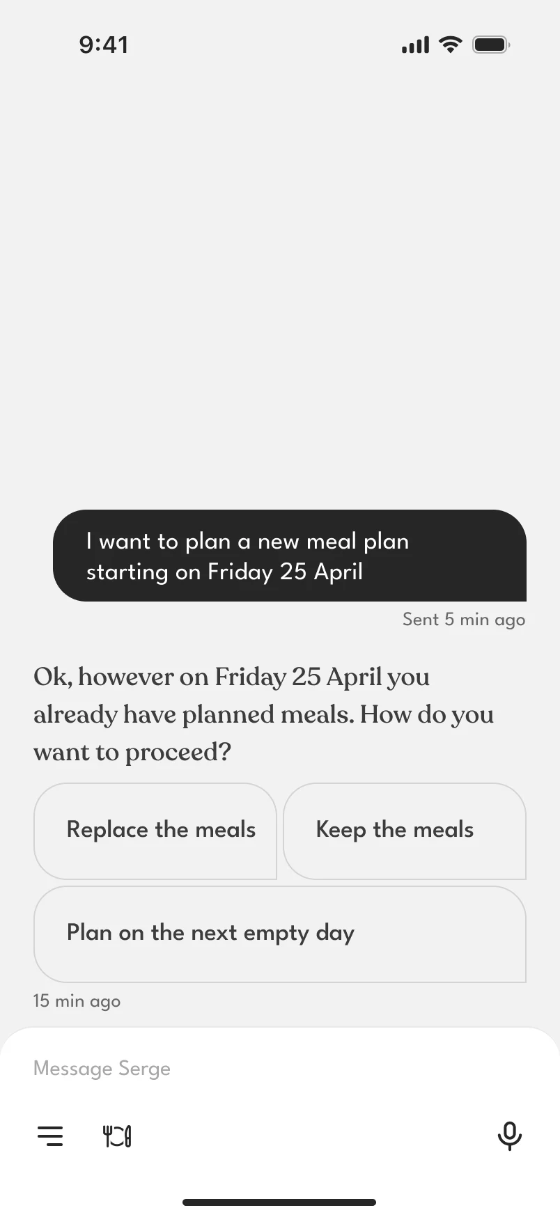 The user asks for a plan starting on a day that has meals; the assistant offers Replace the meals, Keep the meals and Plan on the next empty day