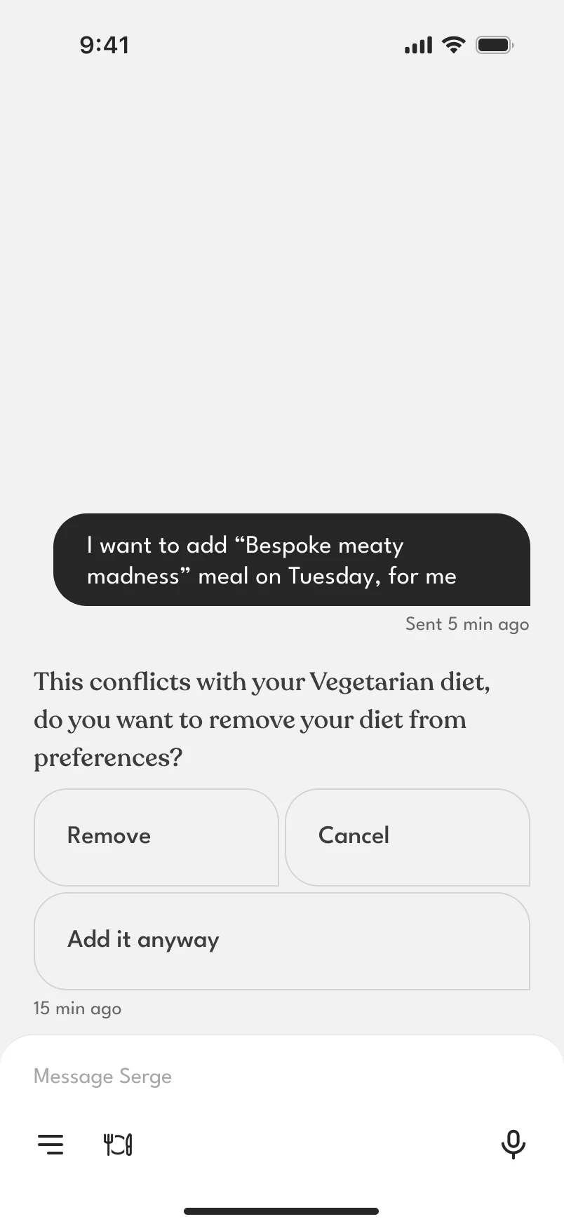 The user asks to add a meat dish; the assistant answers that it conflicts with the Vegetarian diet and offers Remove, Cancel and Add it anyway