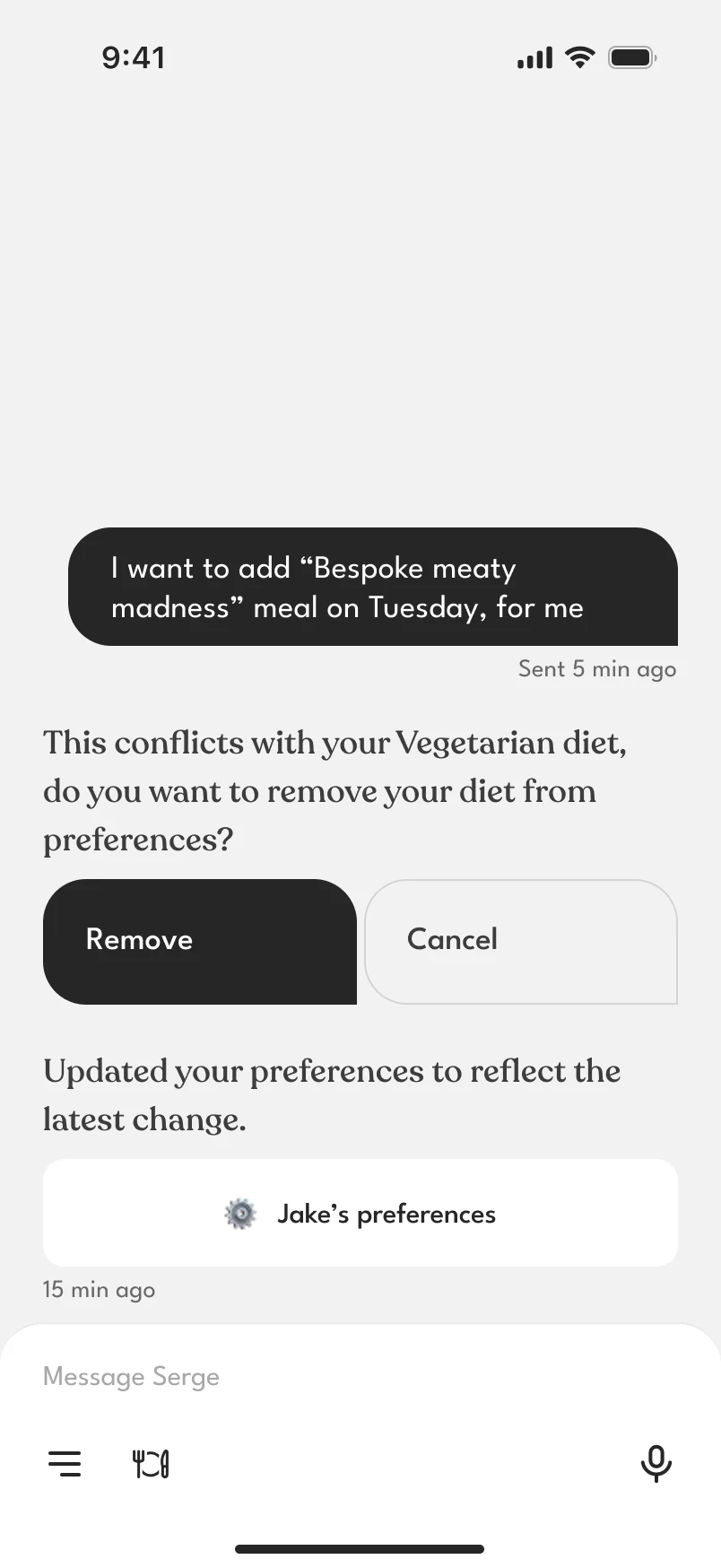 After Remove: “Updated your preferences to reflect the latest change”, with a link to Jake’s preferences