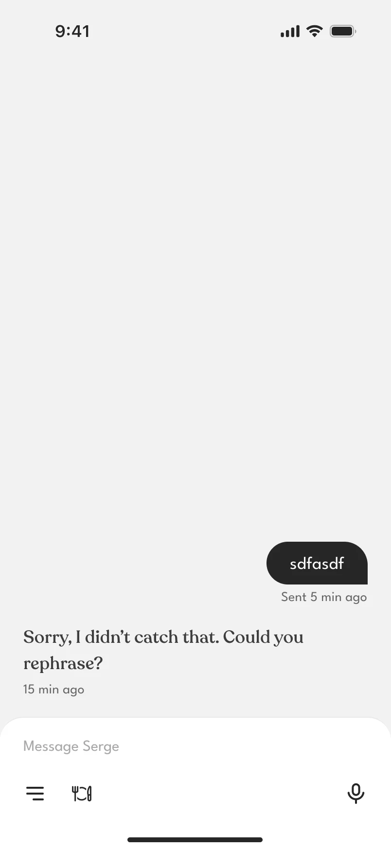 The user types gibberish; the assistant answers “Sorry, I didn’t catch that. Could you rephrase?”