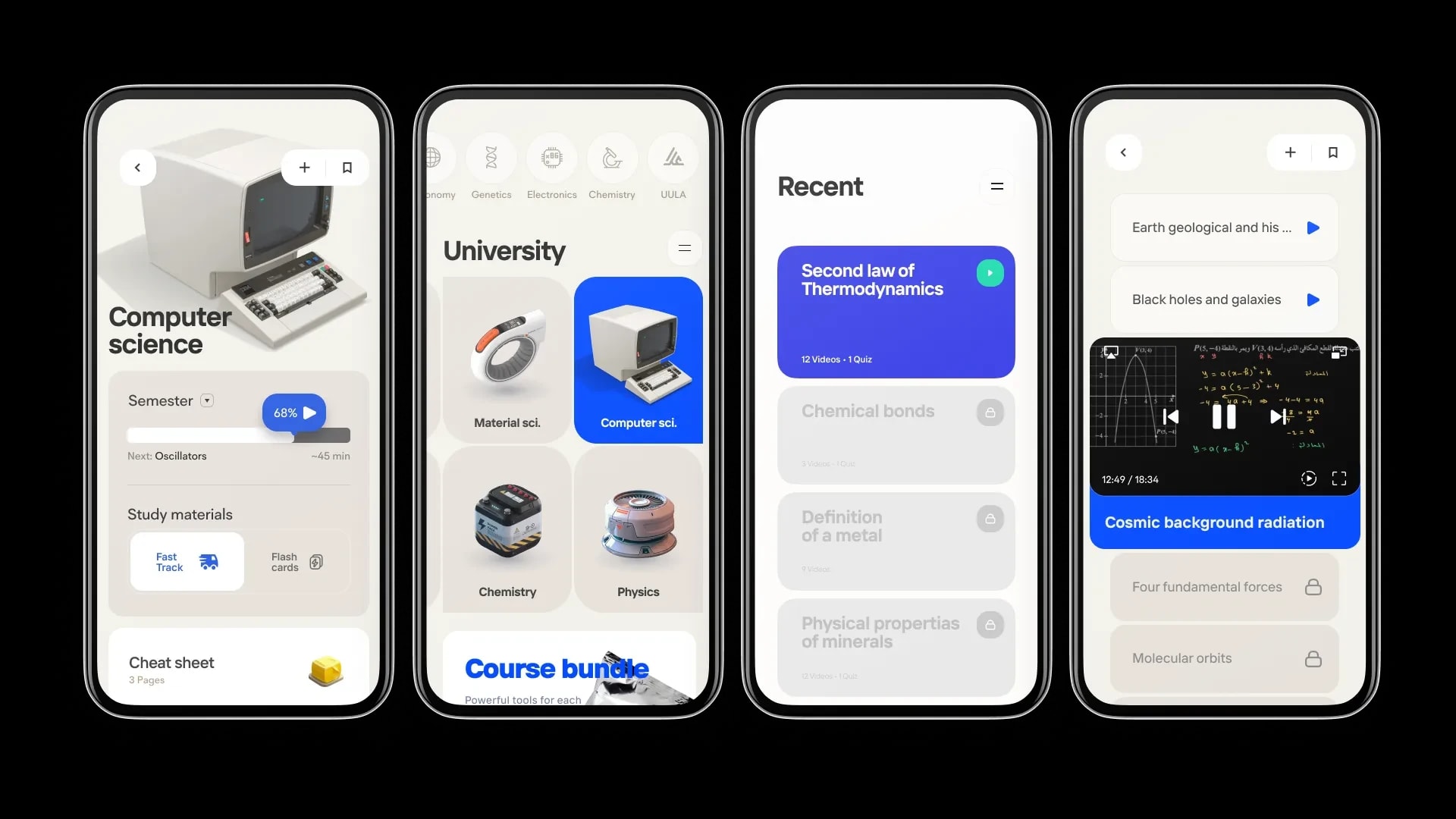 Clean concept screens: a computer science course with a 3D computer, university subjects as 3D objects, recent lessons, and a video player