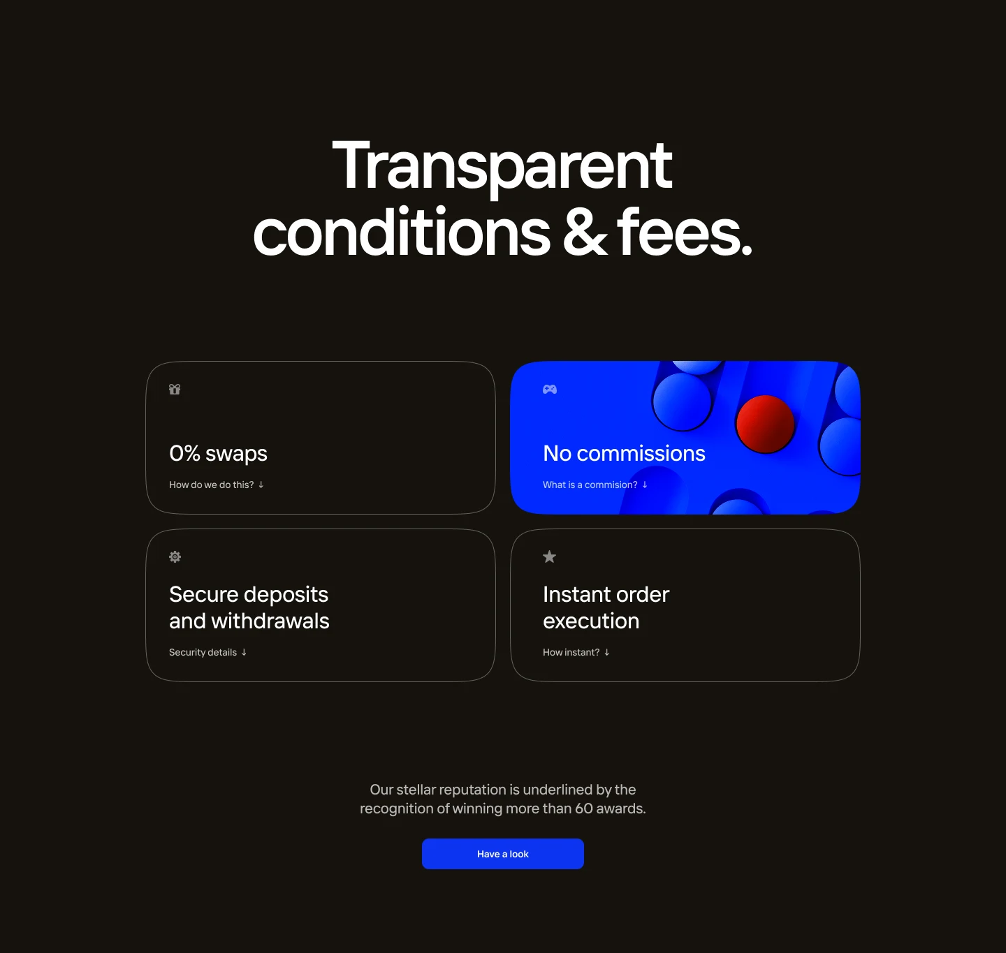 “Transparent conditions & fees.” on dark: four outlined cards, 0% swaps, no commissions in blue with red and blue spheres, secure deposits and withdrawals, instant order execution