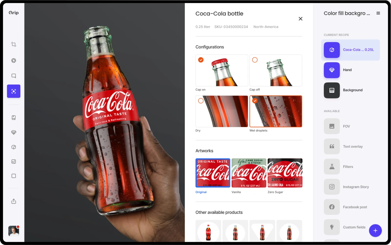 A Coca-Cola bottle in hand, with a panel of configurations and label artworks