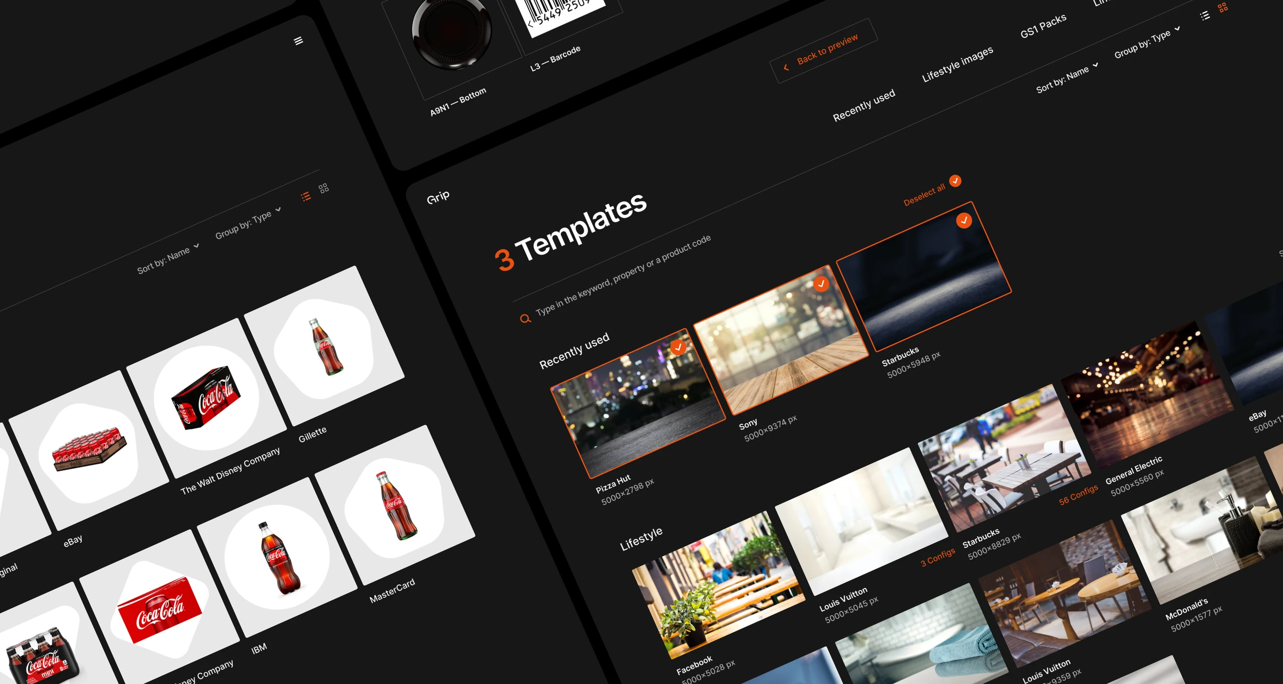 Template and product library screens in the dark theme, seen at an angle