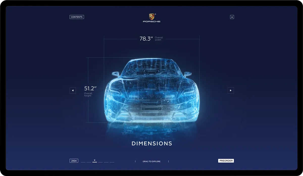 Dimensions: the car as a translucent blue X-ray, with its width and height marked