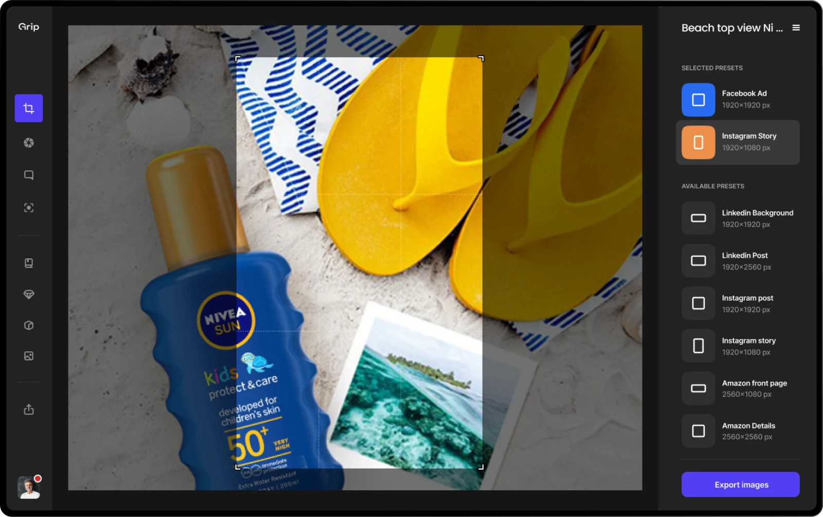 A Nivea Sun bottle on beach sand, with export presets for ads, stories and retailers