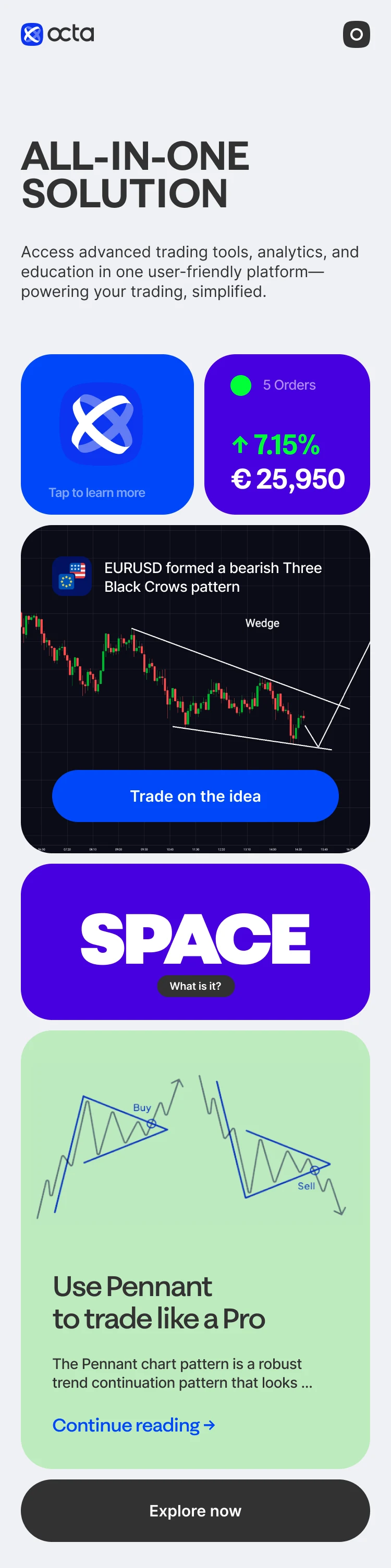 The same cards stacked on mobile, with a purple Space tile added