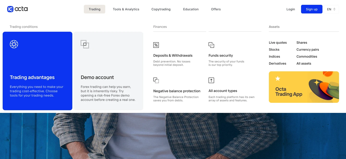 The header with the Trading menu open: Trading advantages and Demo account cards, finance links such as deposits and withdrawals and funds security, a list of assets, and an Octa Trading App card