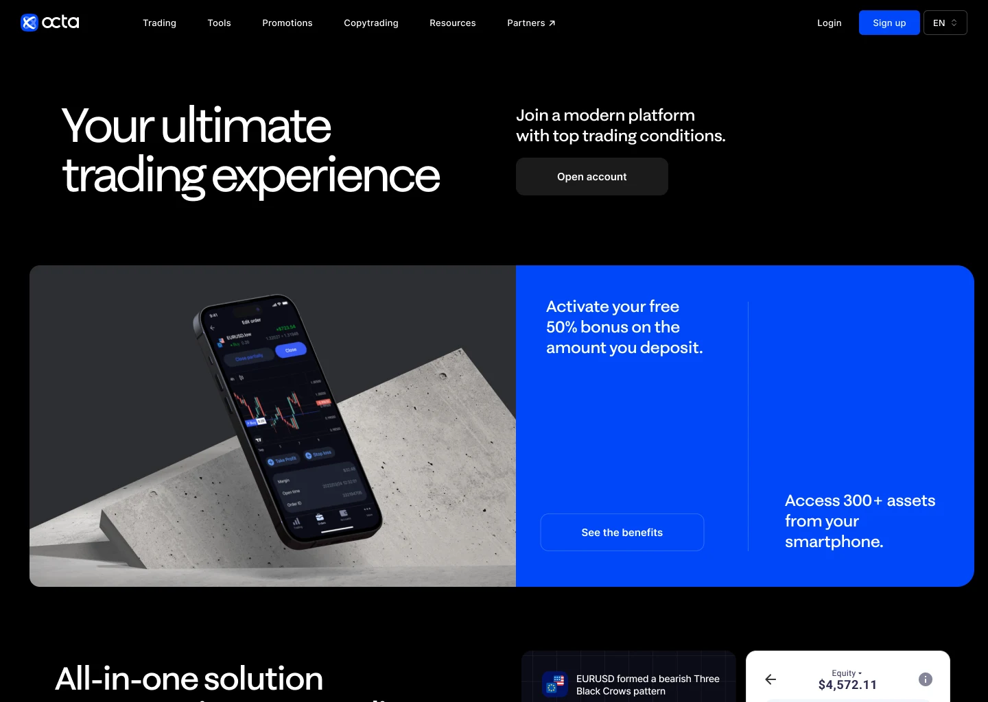 A dark hero: “Your ultimate trading experience” on black with an Open account button, then a phone on a concrete block beside a blue panel offering a 50% bonus