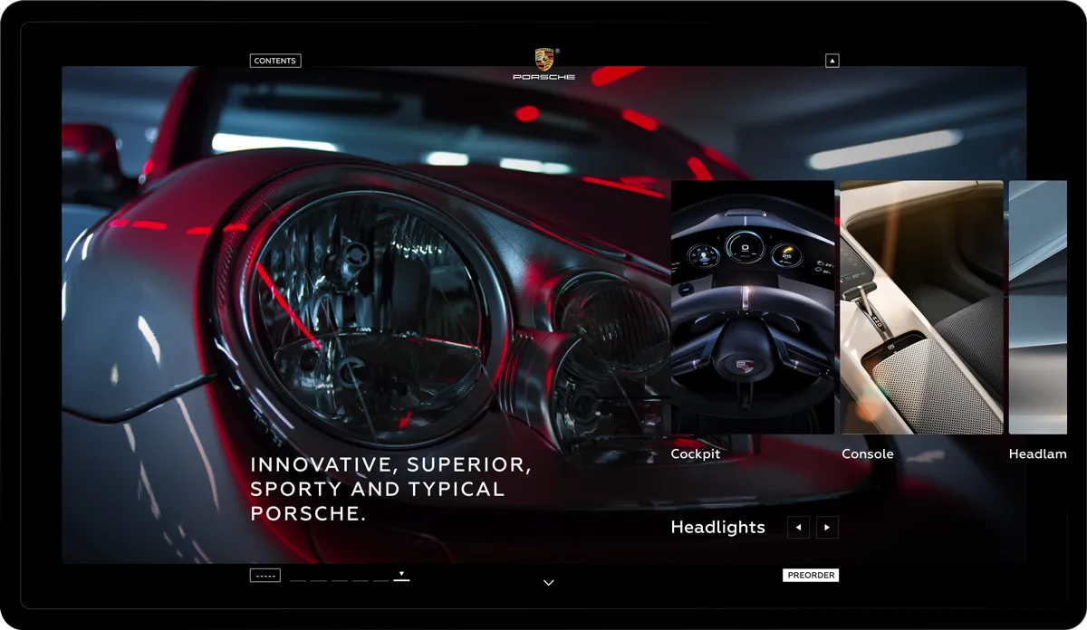 Interior: a headlight close-up in red light, with cockpit, console and headlight thumbnails