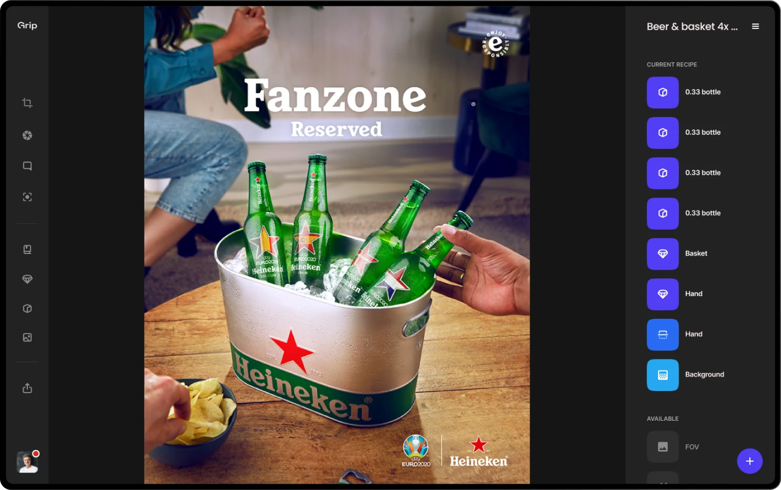 A bucket of Heineken bottles, with a layer for each bottle, the basket, hands and the background