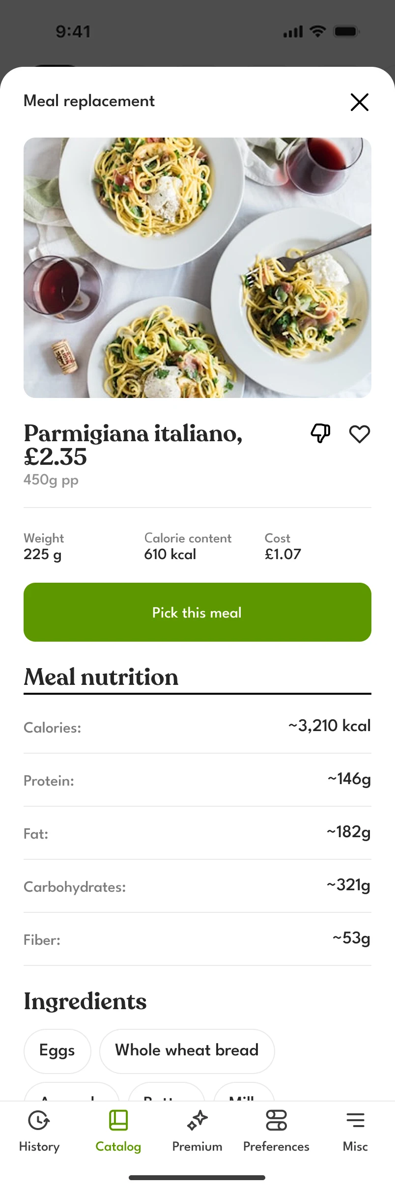 The dish opened from its card, under the title Meal replacement: Parmigiana italiano, £2.35, its weight, calories and cost, a Pick this meal button, its nutrition and its ingredients