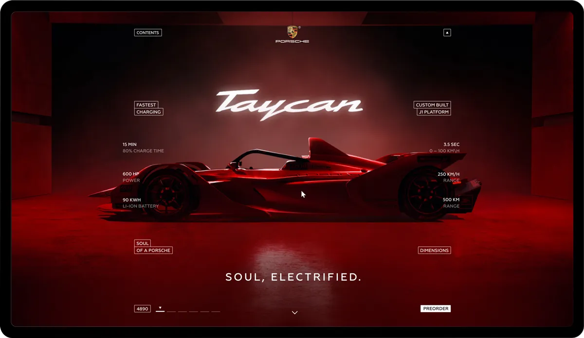 Main screen: the Taycan wordmark over a red car, ringed by performance figures, with “Soul, electrified.” below