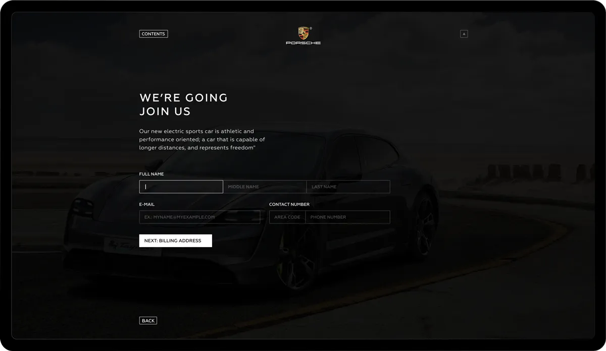 Pre-order: “We’re going, join us” with name, e-mail and phone fields over a dimmed car