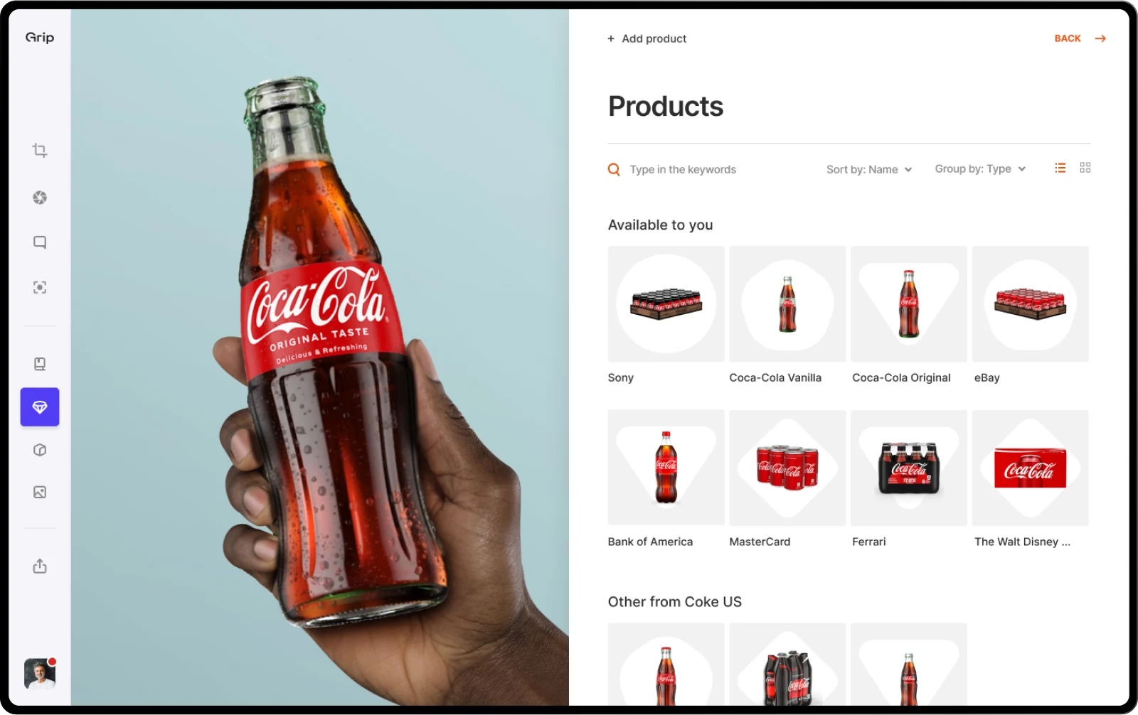 A product picker listing the products available to the user