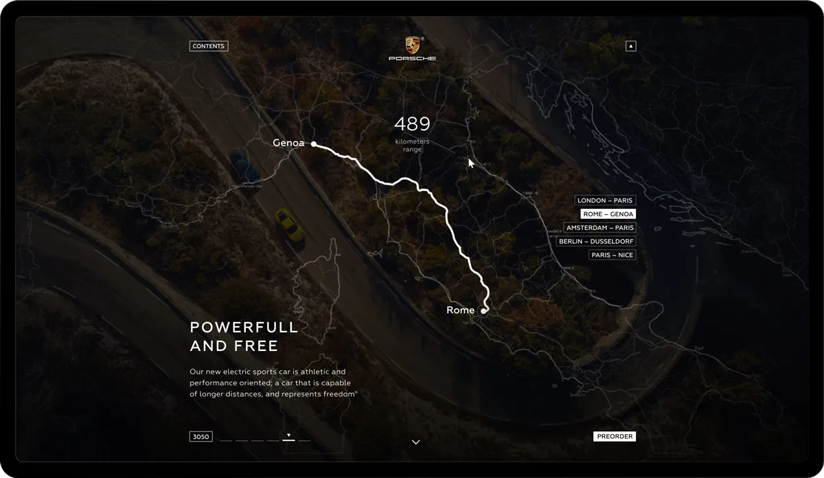 Range: a 489 km route from Rome to Genoa traced over a dark map, with other city pairs to choose