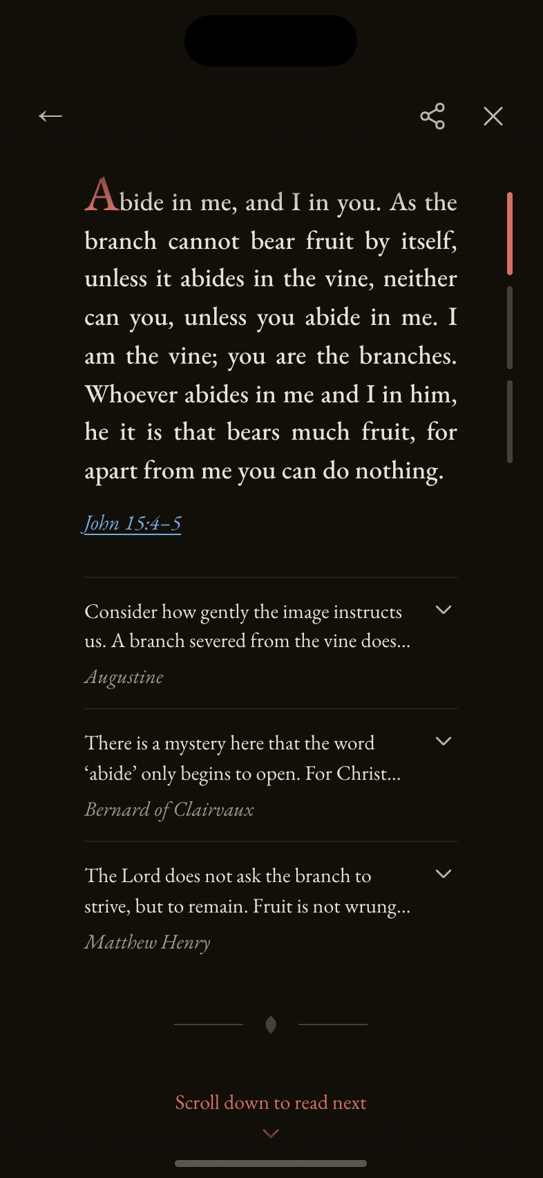 The same reading in the Evening palette, light text on a warm near-black ground.