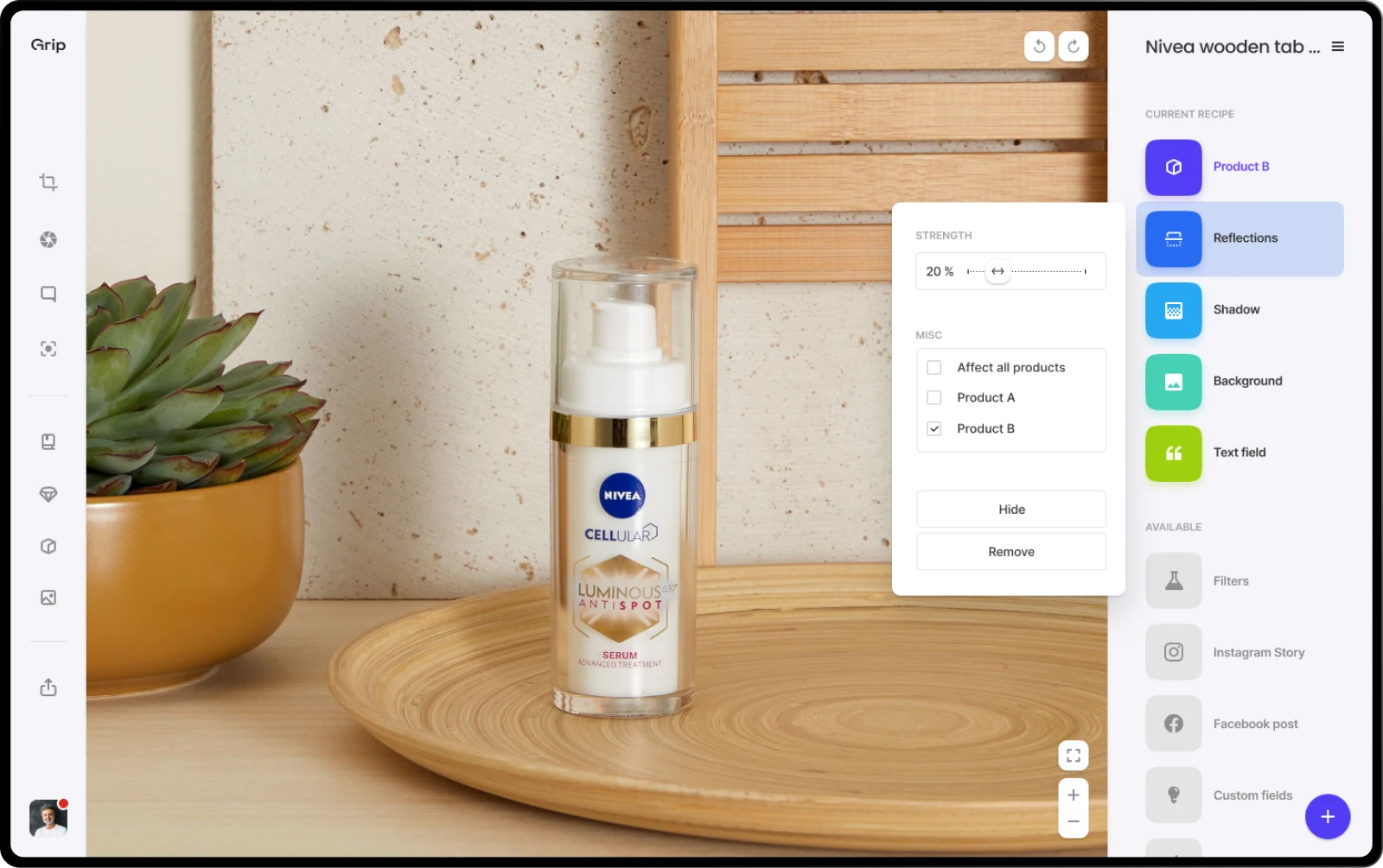 A serum bottle on a wooden tray, with the reflections strength setting