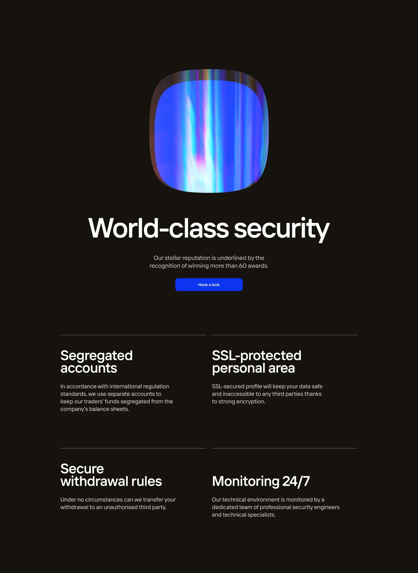 “World-class security” on dark under a glass render, then four points: segregated accounts, SSL-protected personal area, secure withdrawal rules and monitoring 24/7