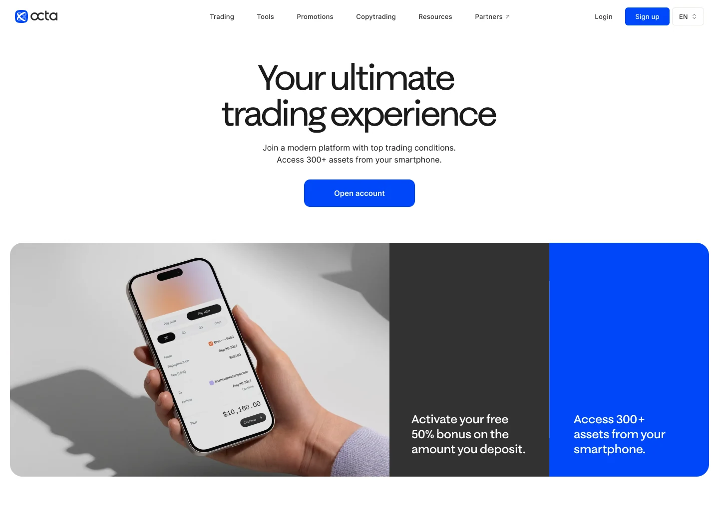 Centred headline over a hand holding a phone, with blue panels