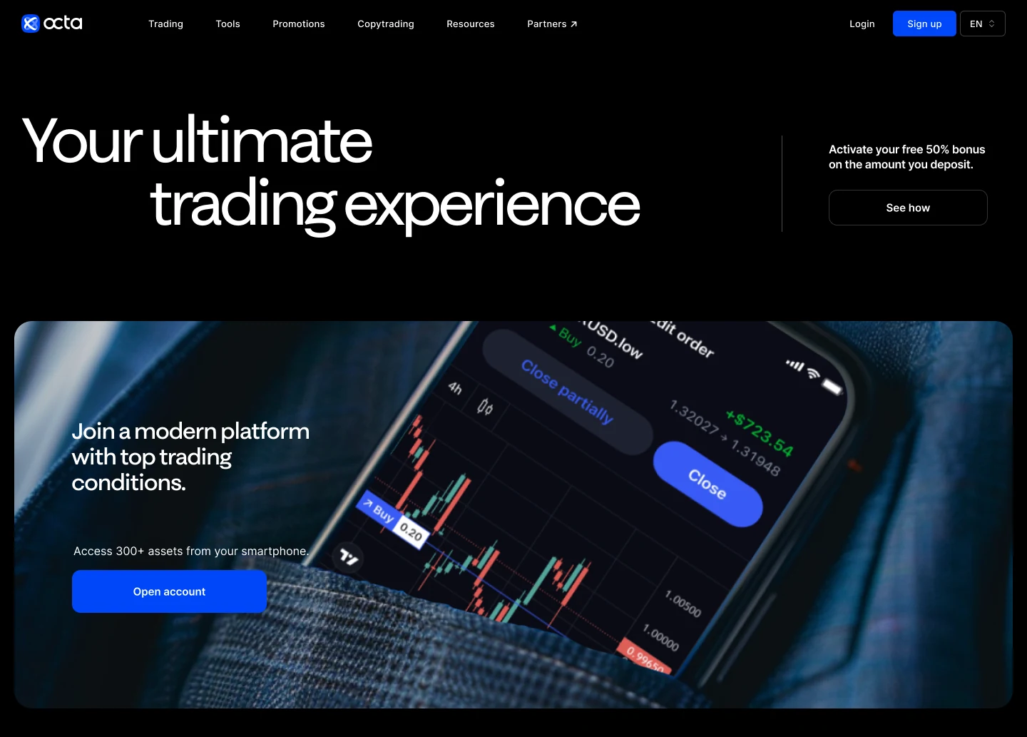 Dark hero with a phone in a jeans pocket showing the trading app