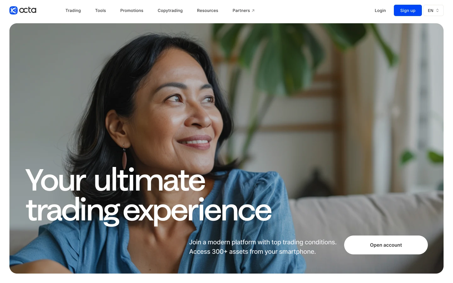 Light hero: “Your ultimate trading experience” over a photo of a smiling woman at home, in a rounded card