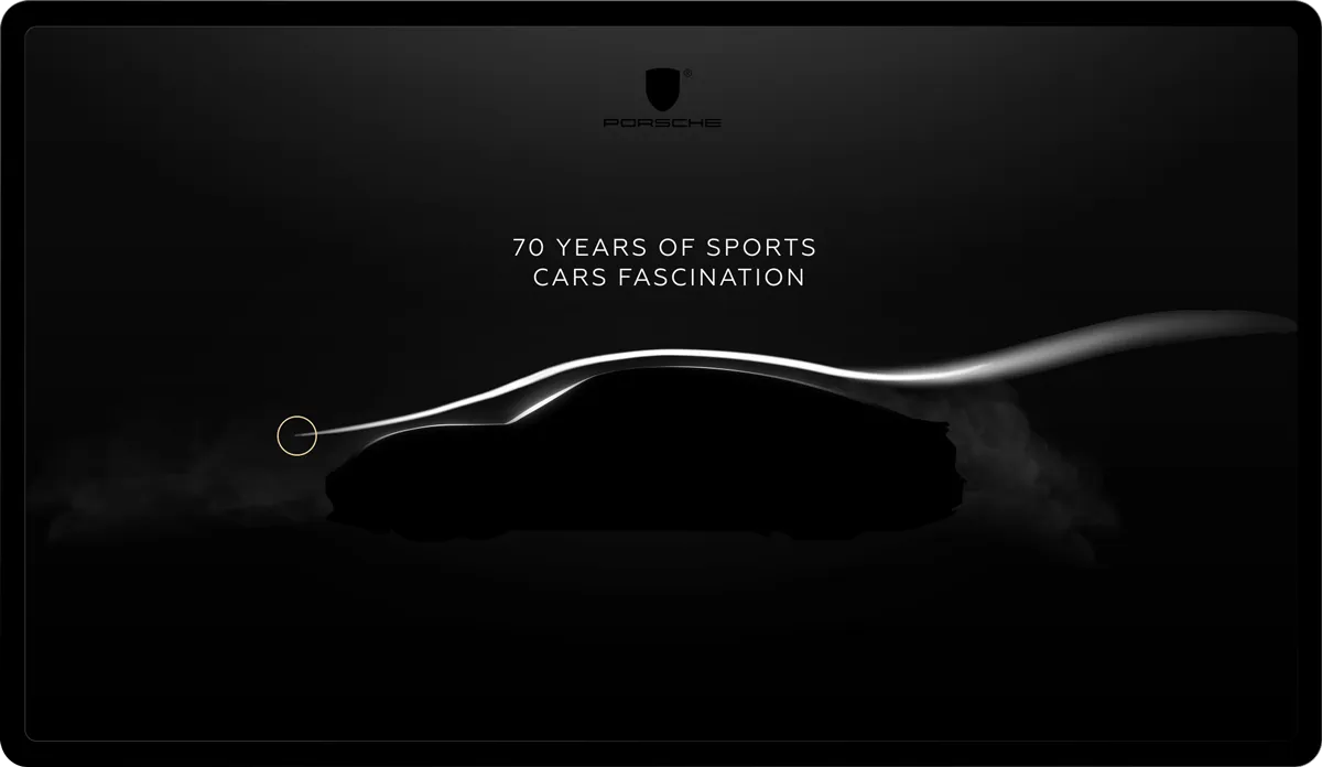Teaser, desktop: “70 years of sports cars fascination” over a car silhouette traced in light