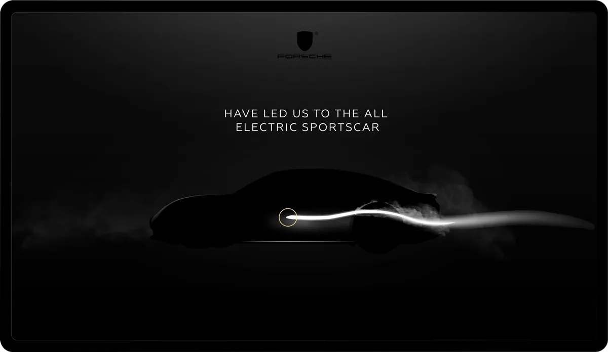 Teaser, second screen: “Have led us to the all electric sportscar” over the silhouette