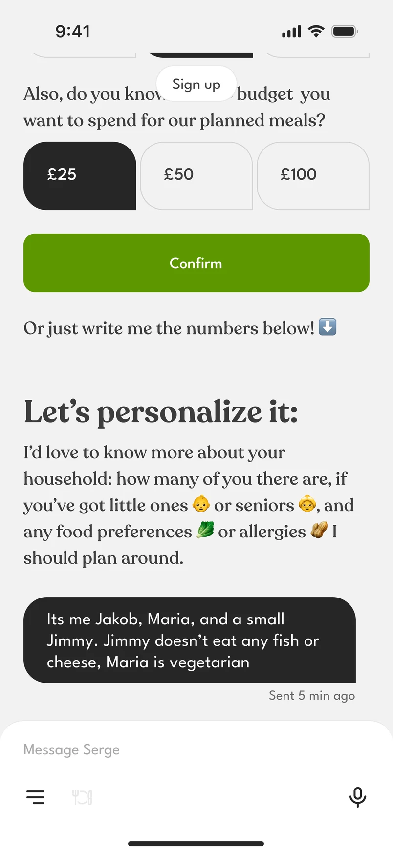 The budget question with chips for £25, £50 and £100 and a Confirm button, “Or just write me the numbers below!”, a question about the household, and the answer in a dark bubble: “Its me Jakob, Maria, and a small Jimmy”