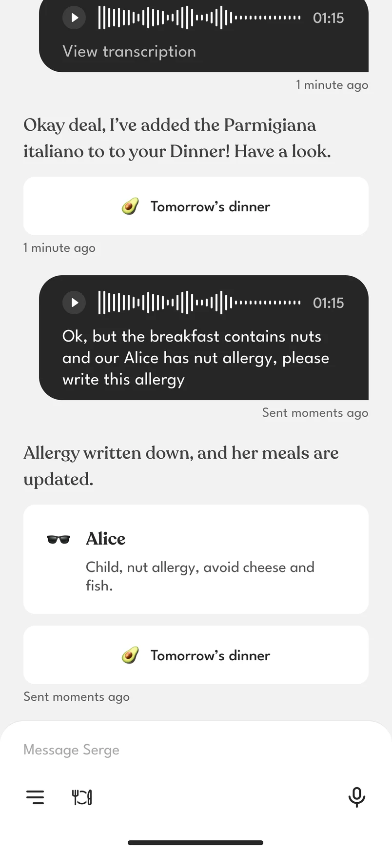 Two voice messages in dark bubbles with waveforms: one offers “View transcription”, the other shows its text. Between them the assistant’s replies, a link to Tomorrow’s dinner and a card for Alice