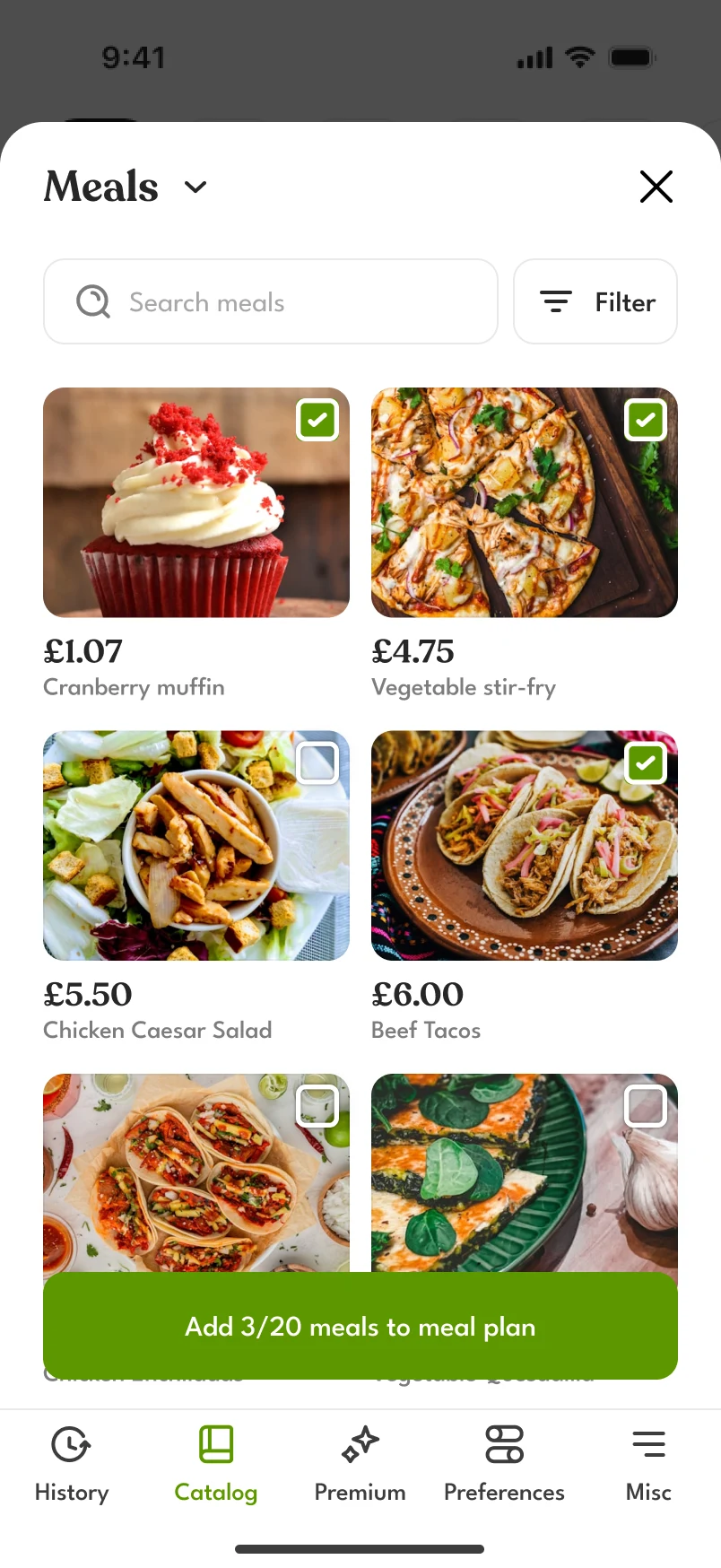 The Meals catalog with three dishes ticked and a button, “Add 3/20 meals to meal plan”