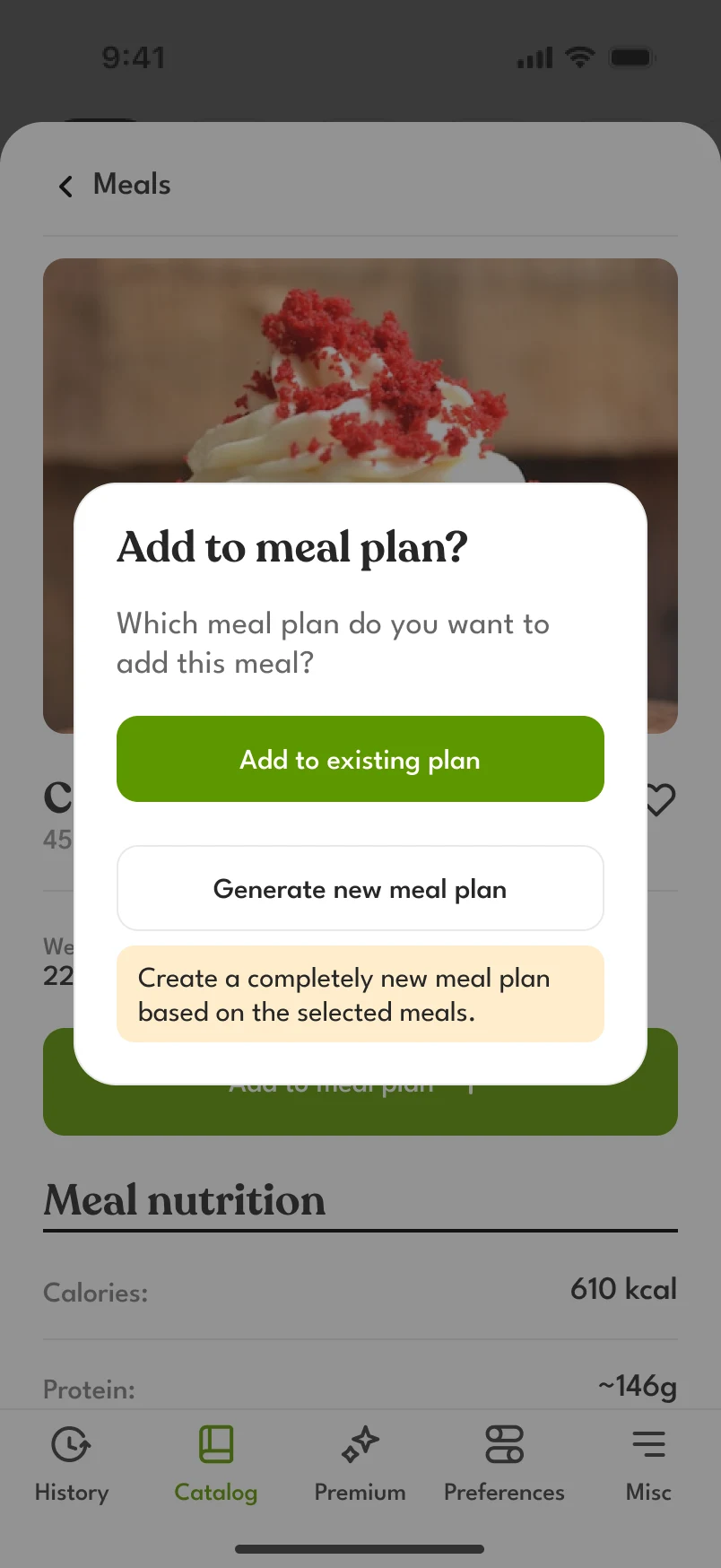 A dialog: “Add to meal plan?” with two choices, Add to existing plan and Generate new meal plan